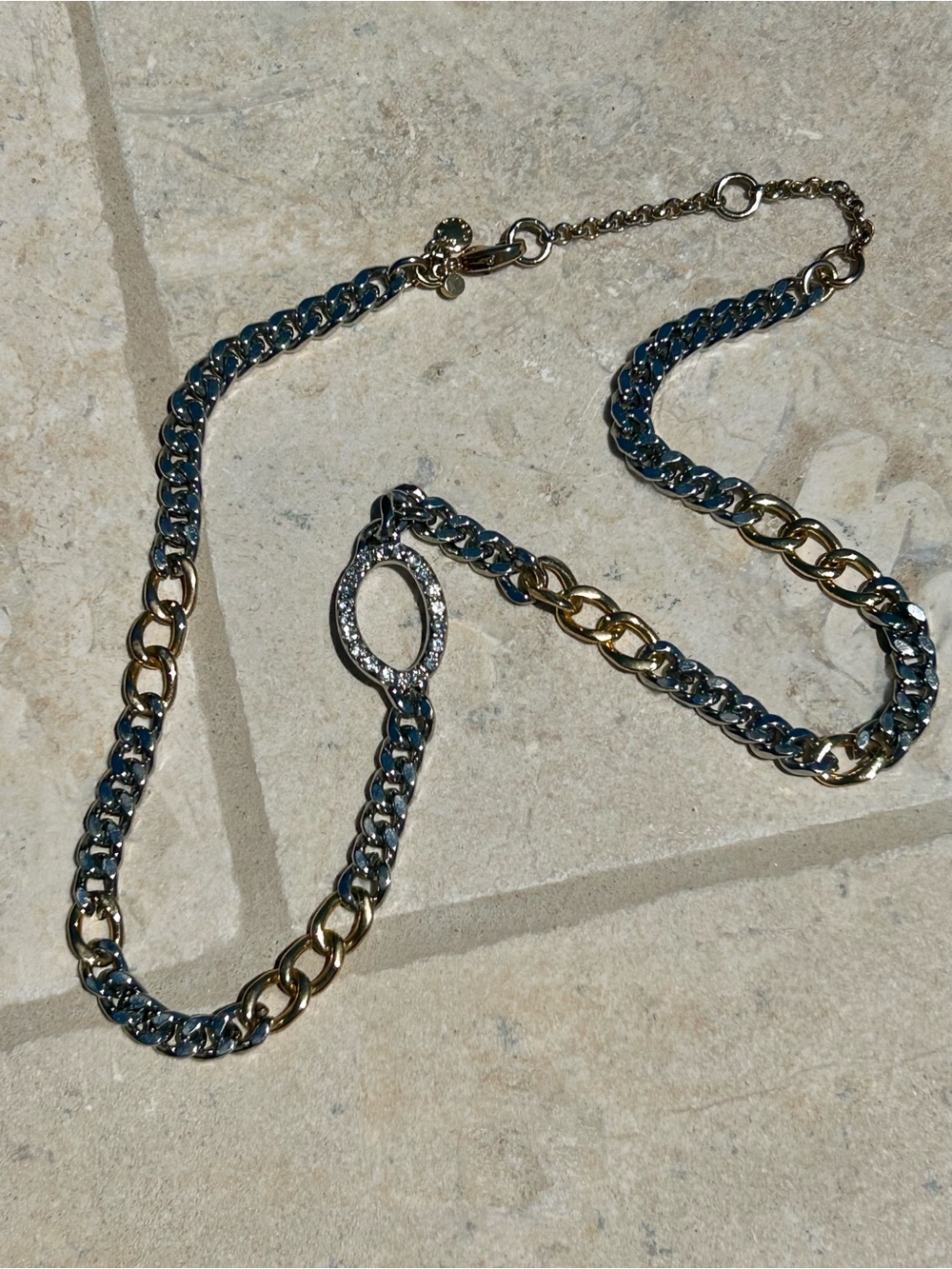 Two-Tone Linked Chain Necklace with Pave Oval Accent